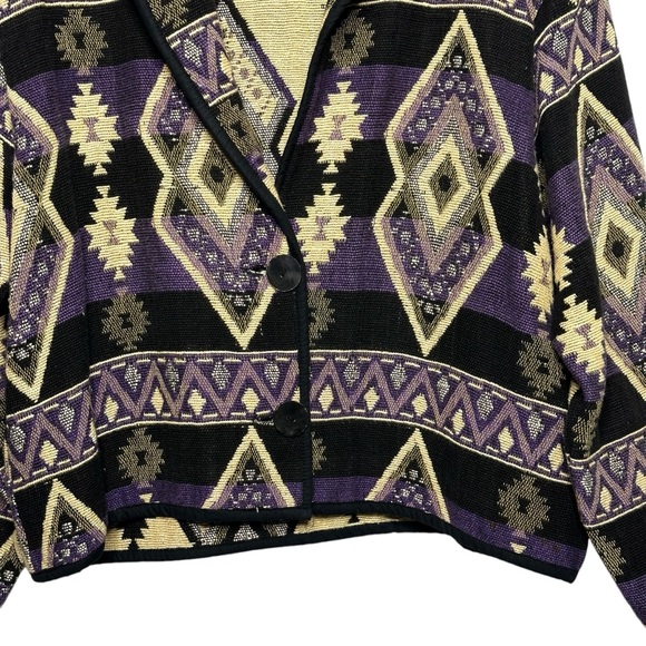 Vintage 90s Fiorlini Black Purple Print 100% Cotton Aztec Woven Blazer Jacket - Picture 4 of 15